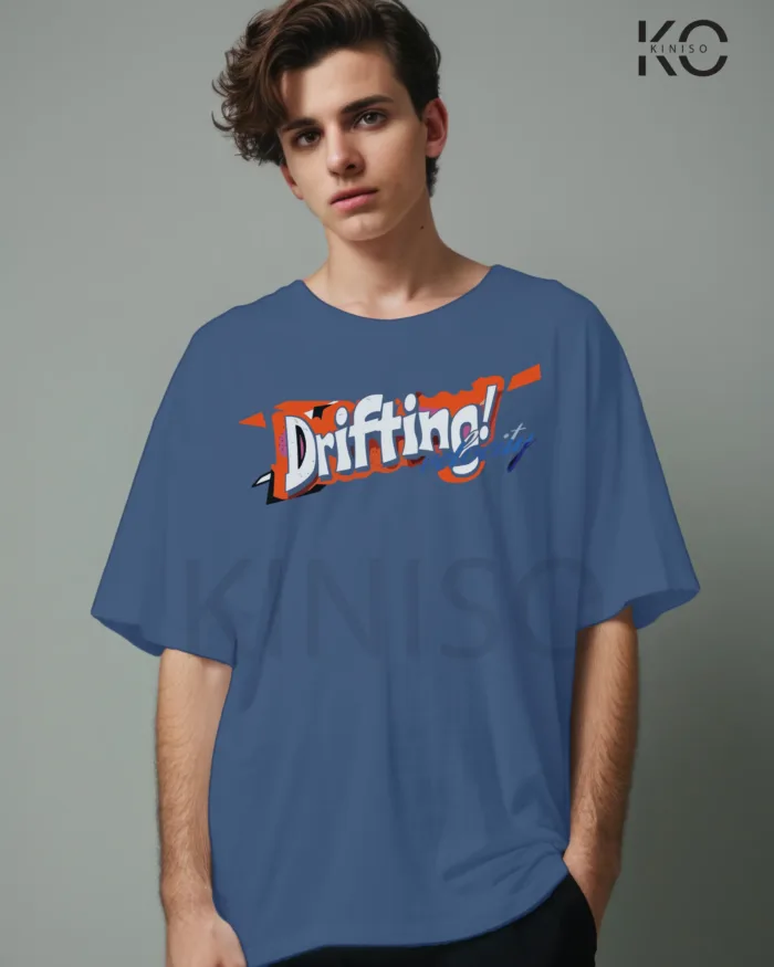 Image of Glaucous Blue color drop shoulder t-shirt with Brooklyn Racing Drifting Print for men at reasonable price